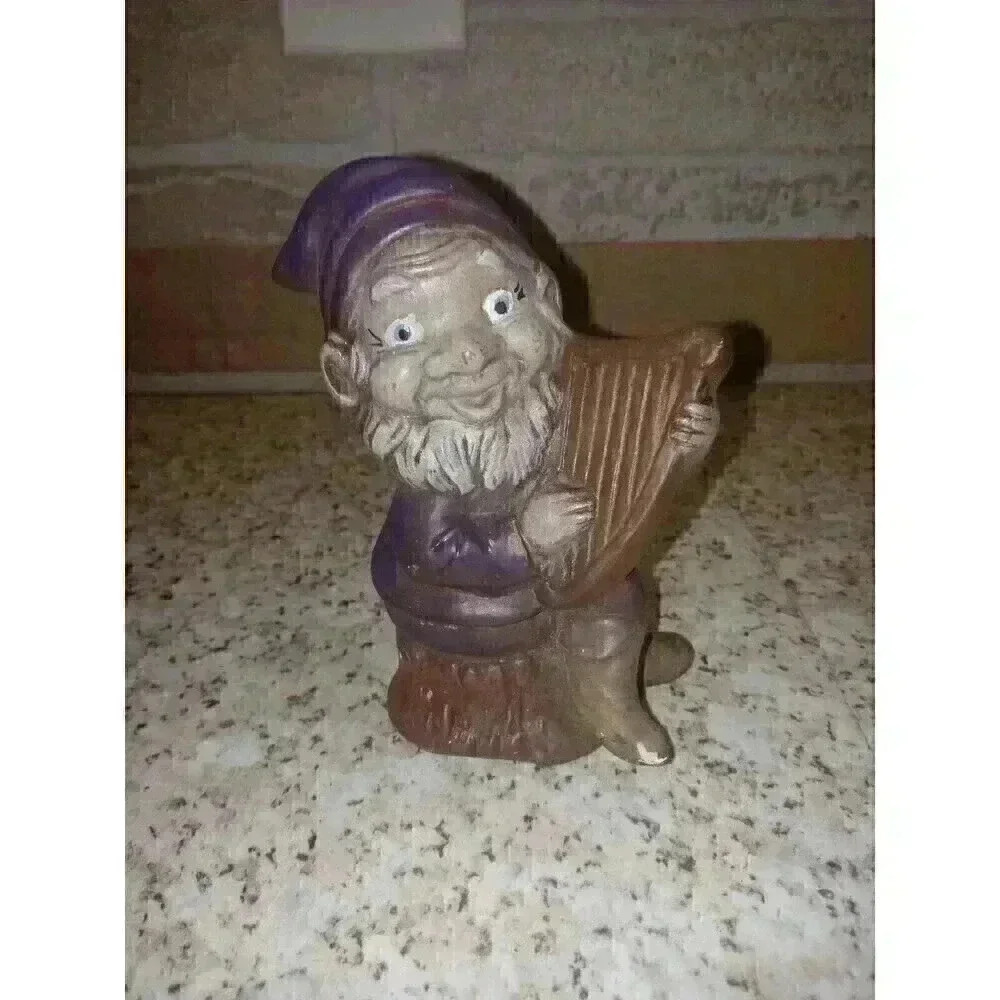 Vintage Hand Painted Gnome Dwarf Playing Harp